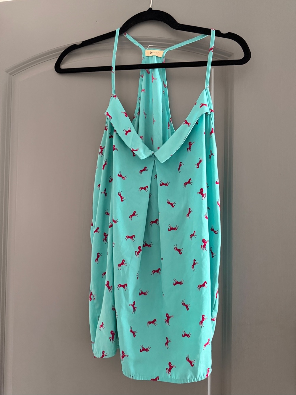 Everly Light Turquoise Spaghetti Strap Camisole with Pink Horse Print Sz L